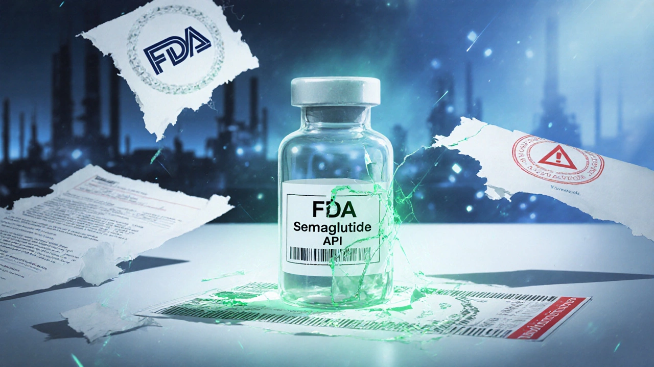 A vial of semaglutide with floating documents, one dissolving, surrounded by glowing FDA seal.