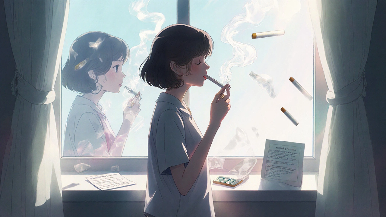 A woman holding a regular cigarette as ghostly menthol cigarettes fade behind her.