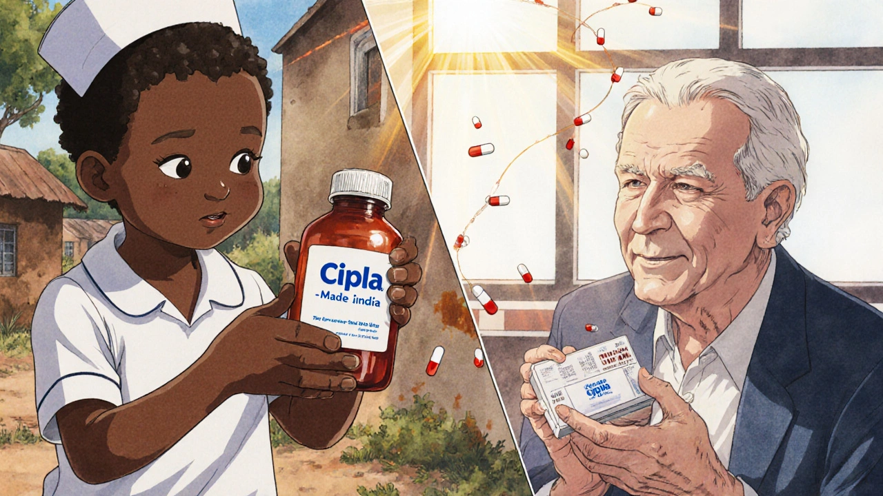 Child in Kenya and senior in New York both holding identical medicine bottles from India, connected by floating capsules.