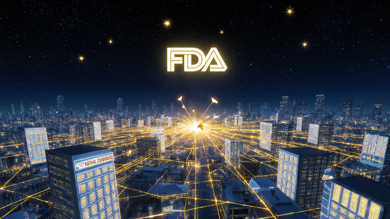 City skyline connected by glowing data threads, one broken thread signaling a rejected counterfeit package.