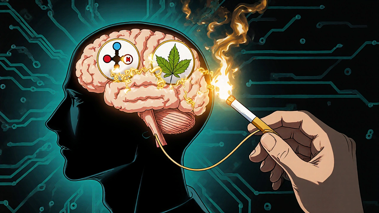 Cross-section of a brain with nicotine and menthol molecules activating reward circuits.