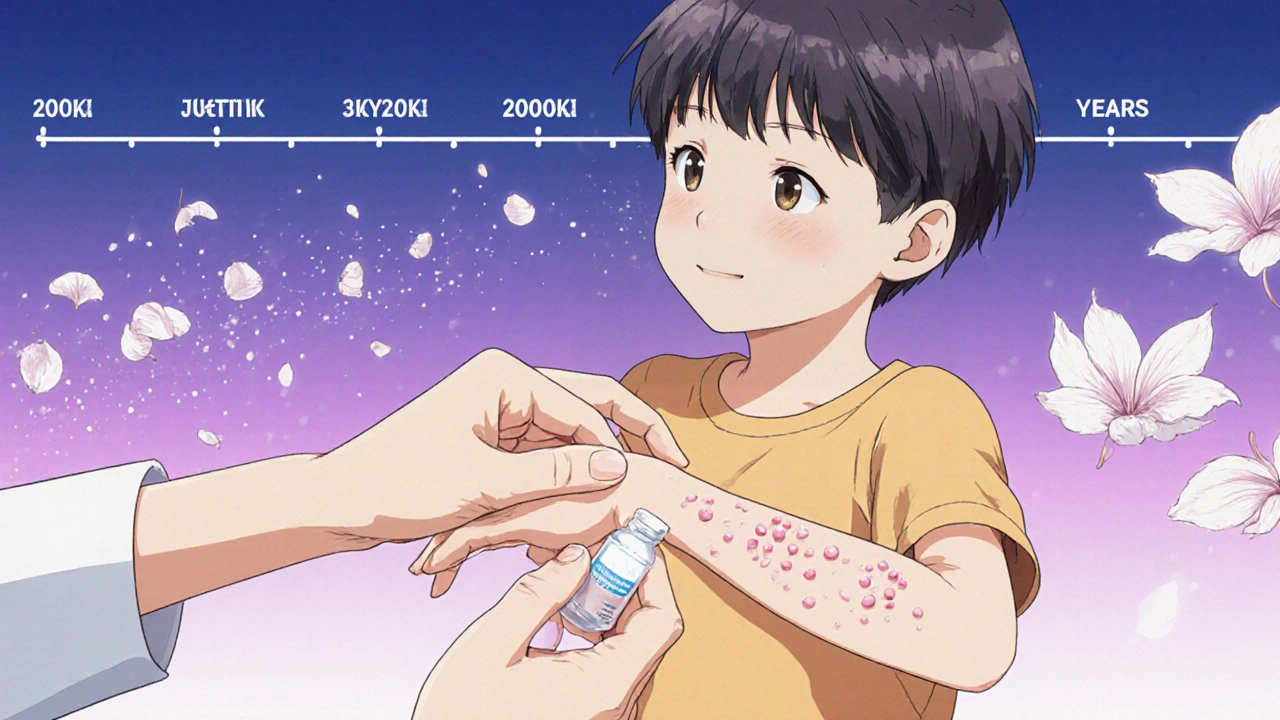 Dermatologist applying cream to child&#039;s arm as bumps fade like petals.