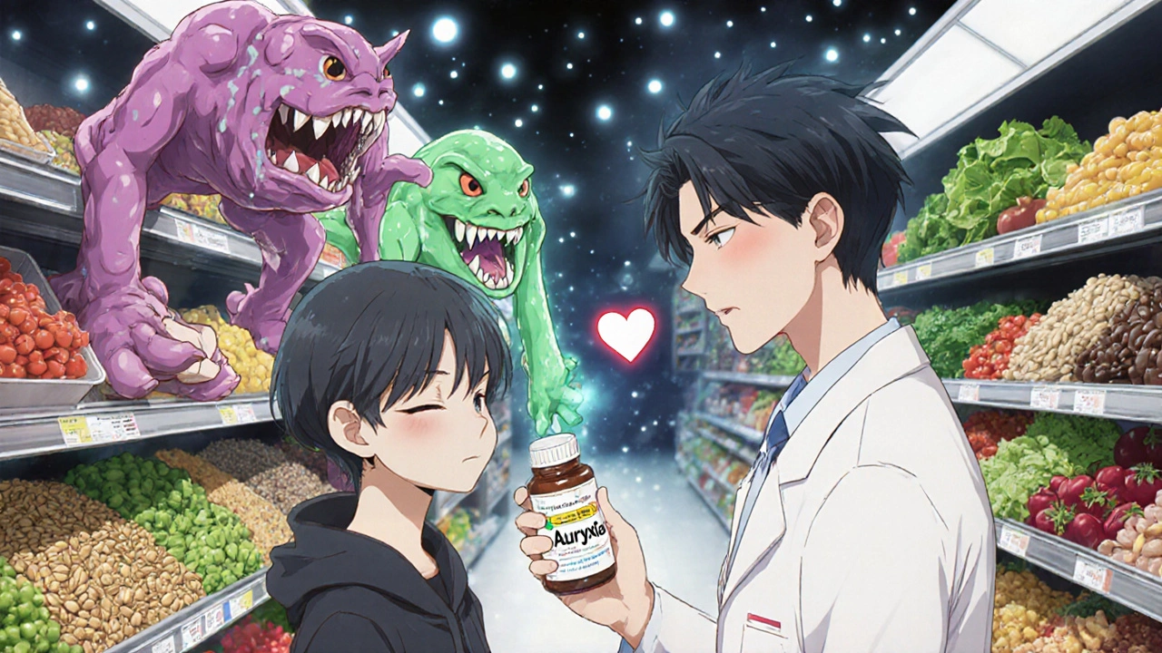 Dietitian guiding patient through grocery aisle, processed foods as slime monsters, fresh foods glowing with light.