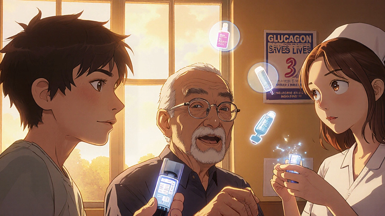 Diverse group practicing glucagon autoinjector use in community center, training device and emergency supplies visible.