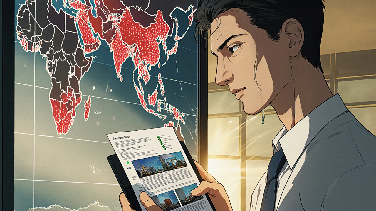 Executive facing global supplier map with mostly red dots, holding video of facility upgrades.