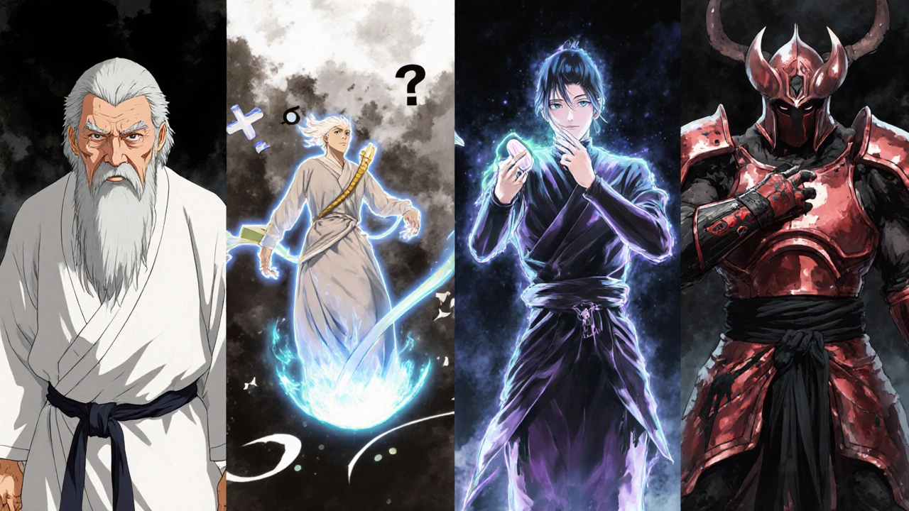 Four phosphate binders depicted as stylized anime characters in a medical dojo, each with unique visual traits.