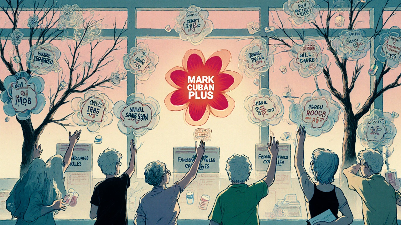 Generic drugs bloom like flowers on a shelf, with patients struggling to reach them through invisible barriers.