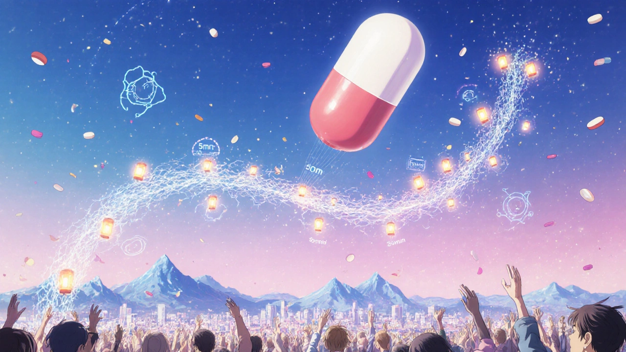 Giant generic pill releasing a ribbon of dissolution curves over a city of patients.