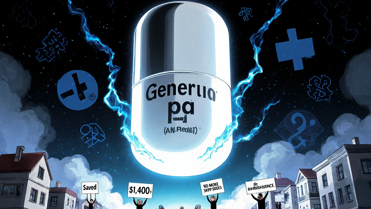 Giant generic pill tower casting shadow over city, symbolizing affordable healthcare access for families.