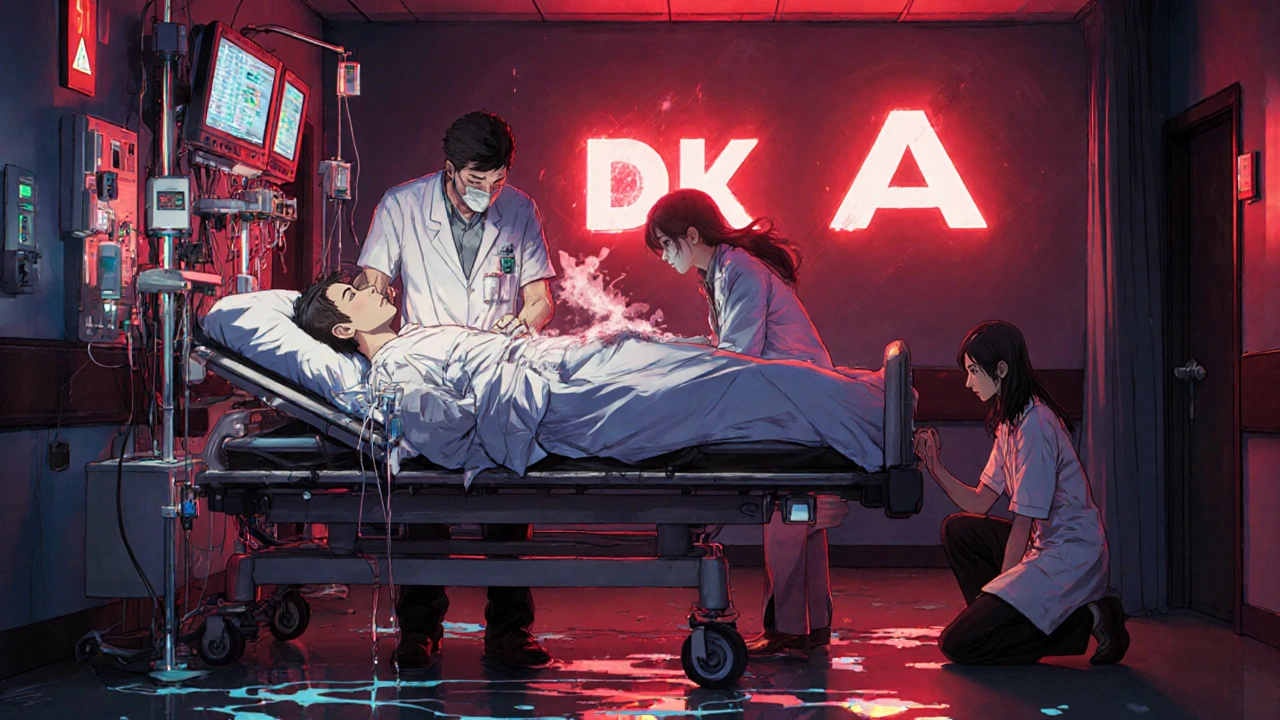 Patient in ER with severe DKA receiving IV fluids and insulin, monitors flashing, family member watching in distress.