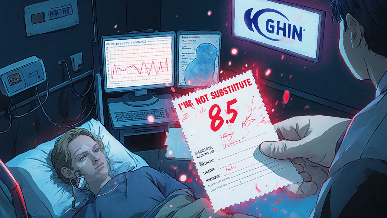 Patient in hospital with erratic heart monitor, pharmacist rushing in with &#039;Do Not Substitute&#039; prescription.