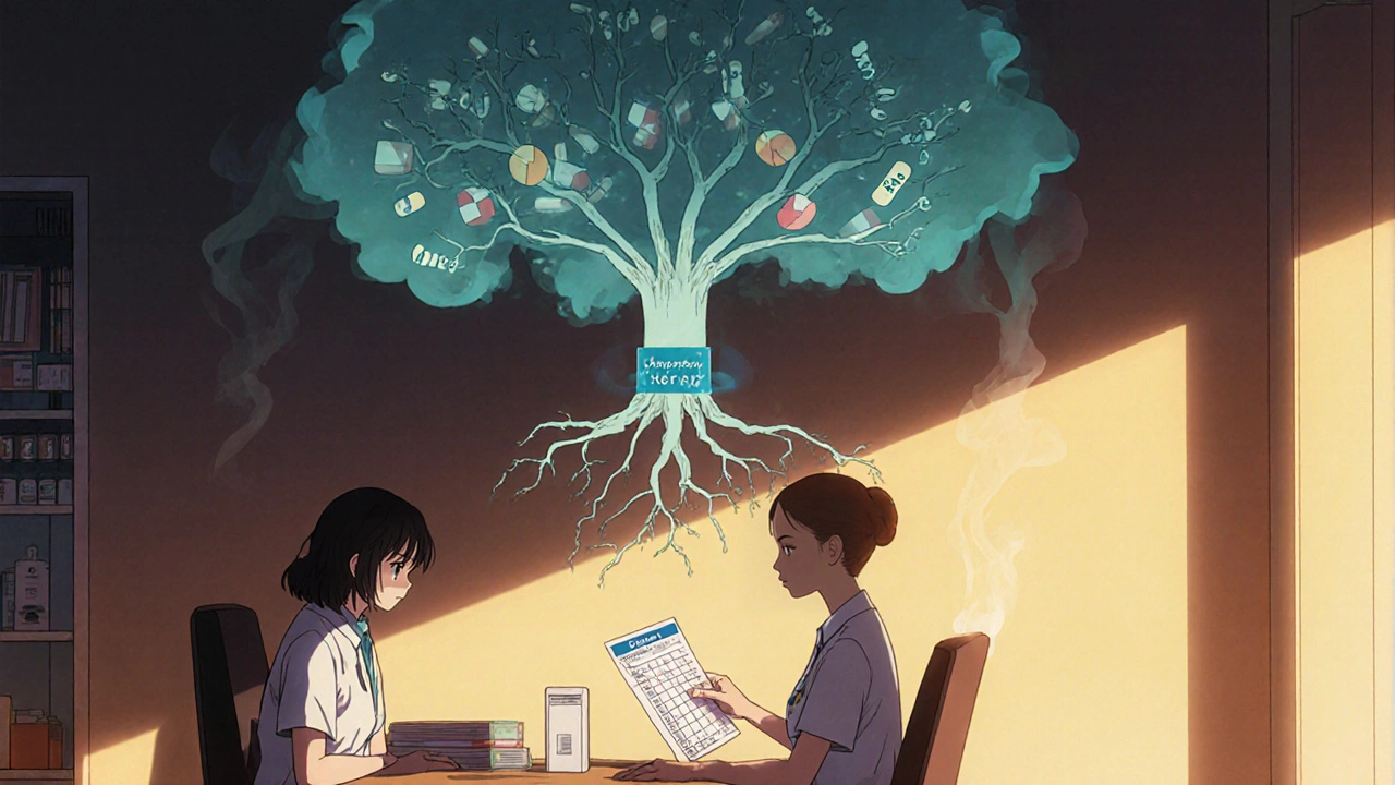 Patient sitting with a medication chart as a branching tree of prescriptions fades into smoke above them.
