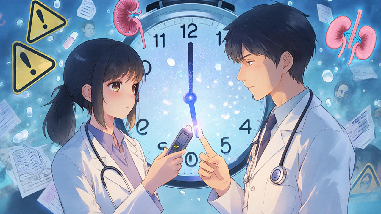 Patient using a home lithium monitor as a countdown clock and warning symbols float around them in a clinic.