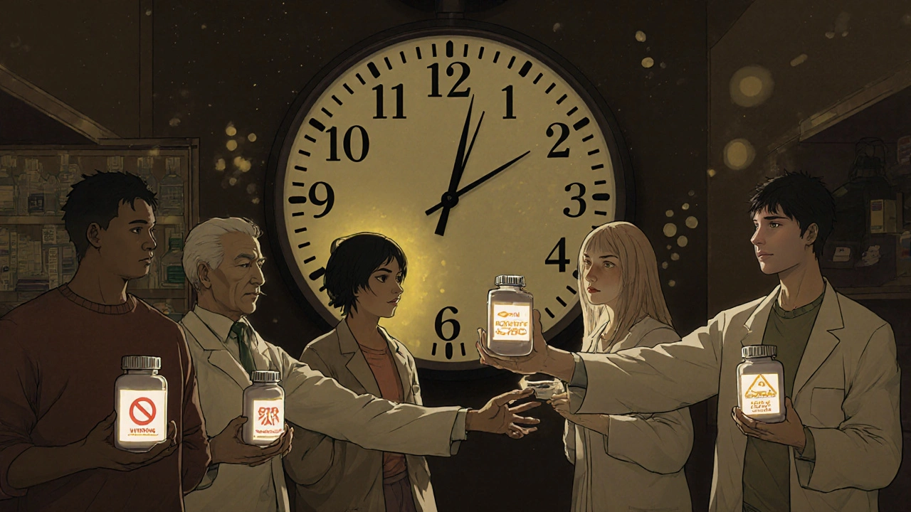 Patients in pharmacy with glowing generic labels, pharmacist torn between same brand and cheapest option.