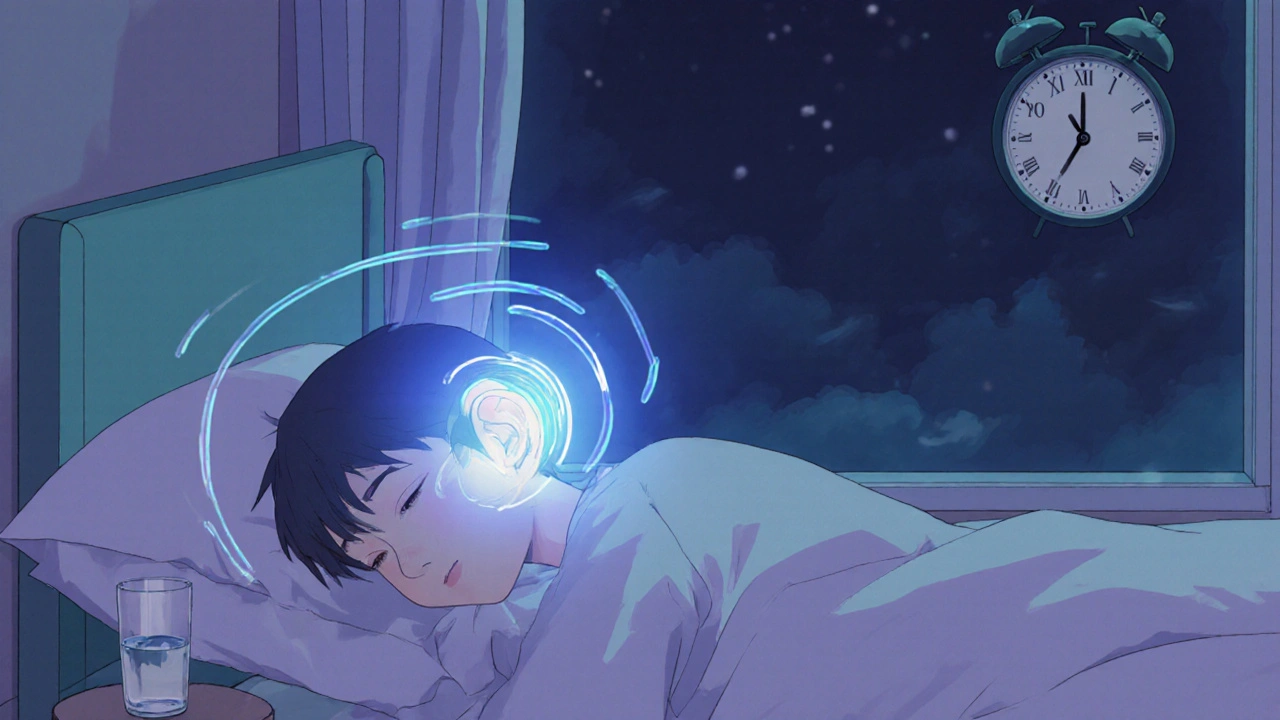 Person sleeping with gentle blue glow from inner ear symbolizing fluid balance