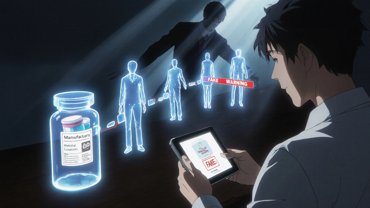 Pharmacist scanning a pill bottle as a holographic supply chain glows, with a shadowy counterfeit figure blocked by a red barrier.