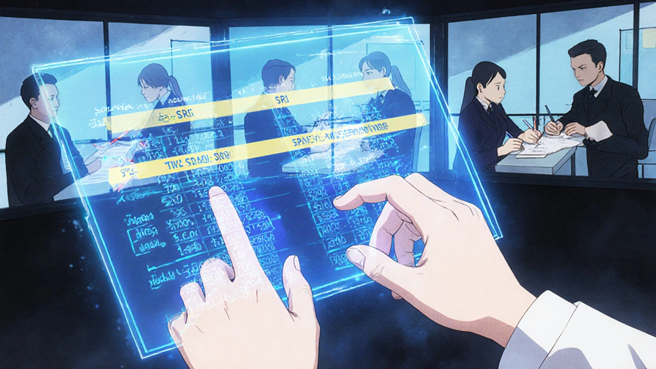 Pharmacist viewing a holographic system that flags duplicate drug prescriptions from multiple sources.