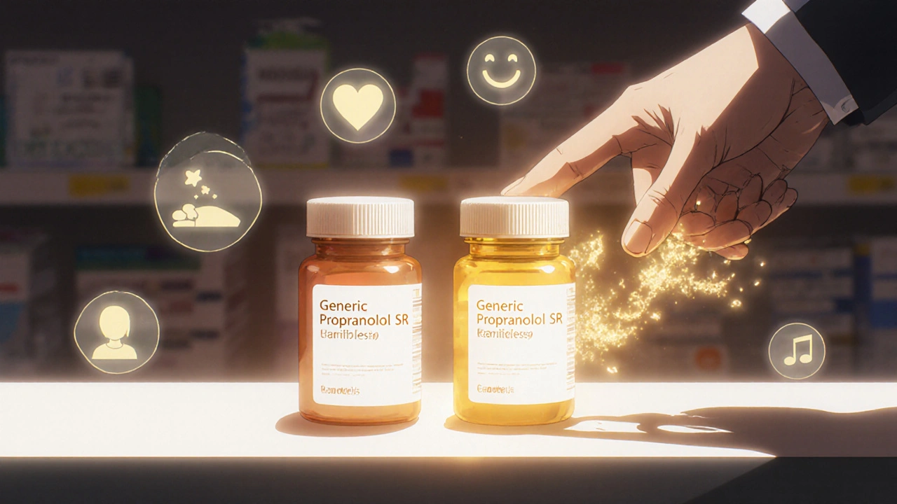 Pharmacy shelf with generic and branded propranolol bottles, hand reaching for cheaper option with glowing light.