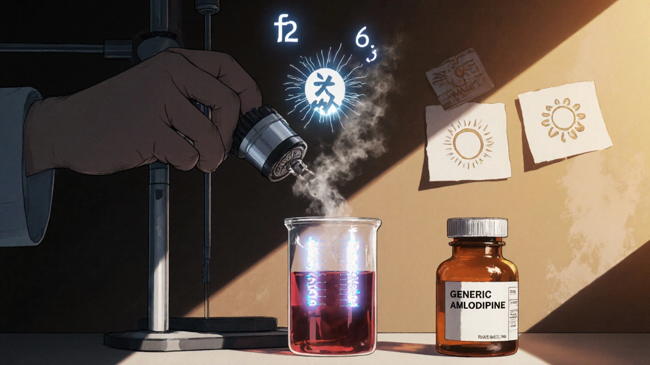 Scientist adjusting a dissolution apparatus with a floating f2 score and regulatory logos.