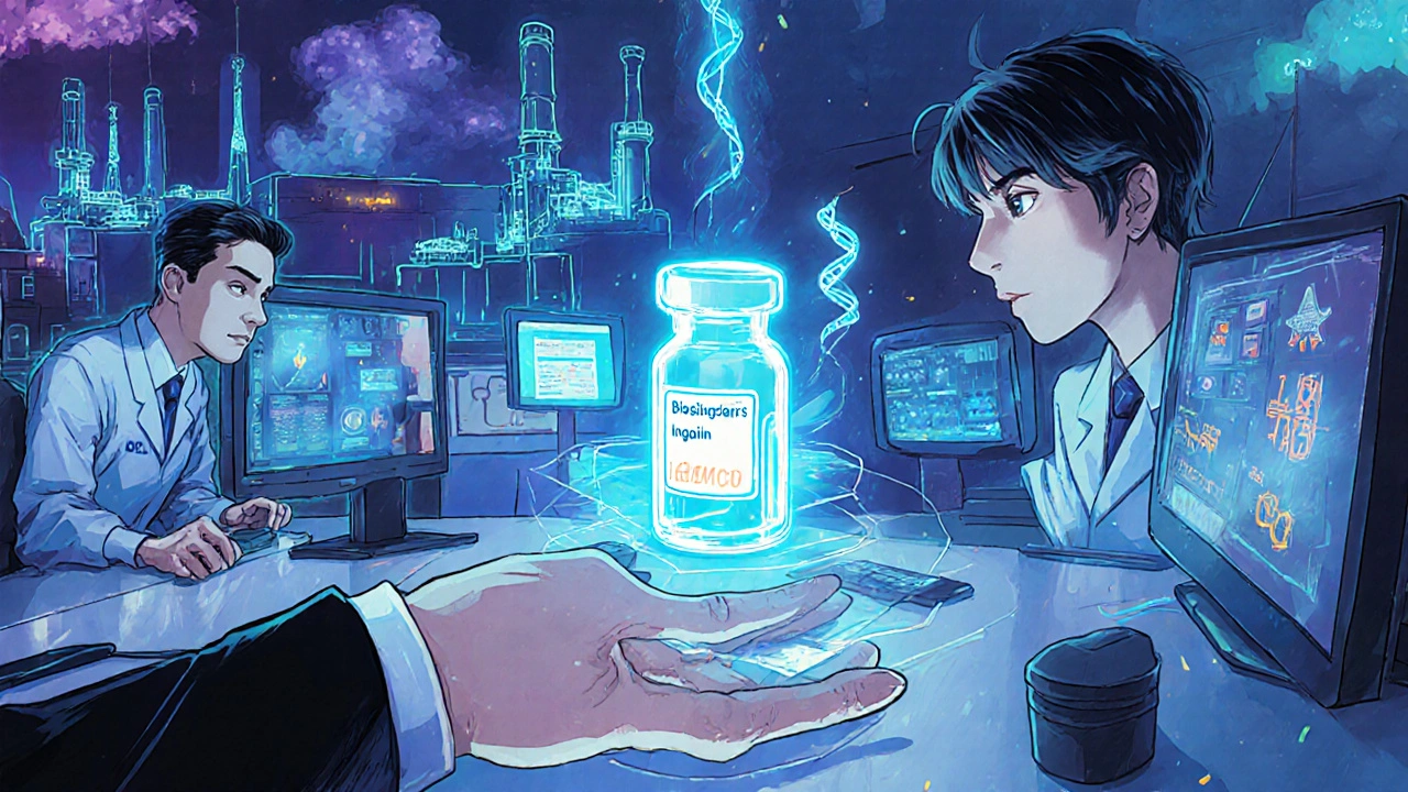 Scientists in lab watching holograms of biosimilars, glowing vials and transforming DNA strands, new plants lighting up in background.