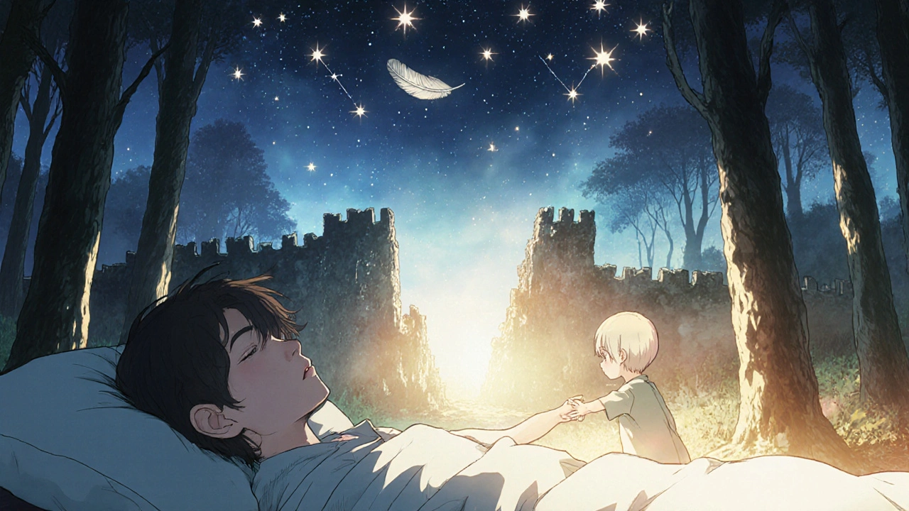 Sleeping person in a transformed dream landscape, guided by a hand through a peaceful forest as shadows fade.