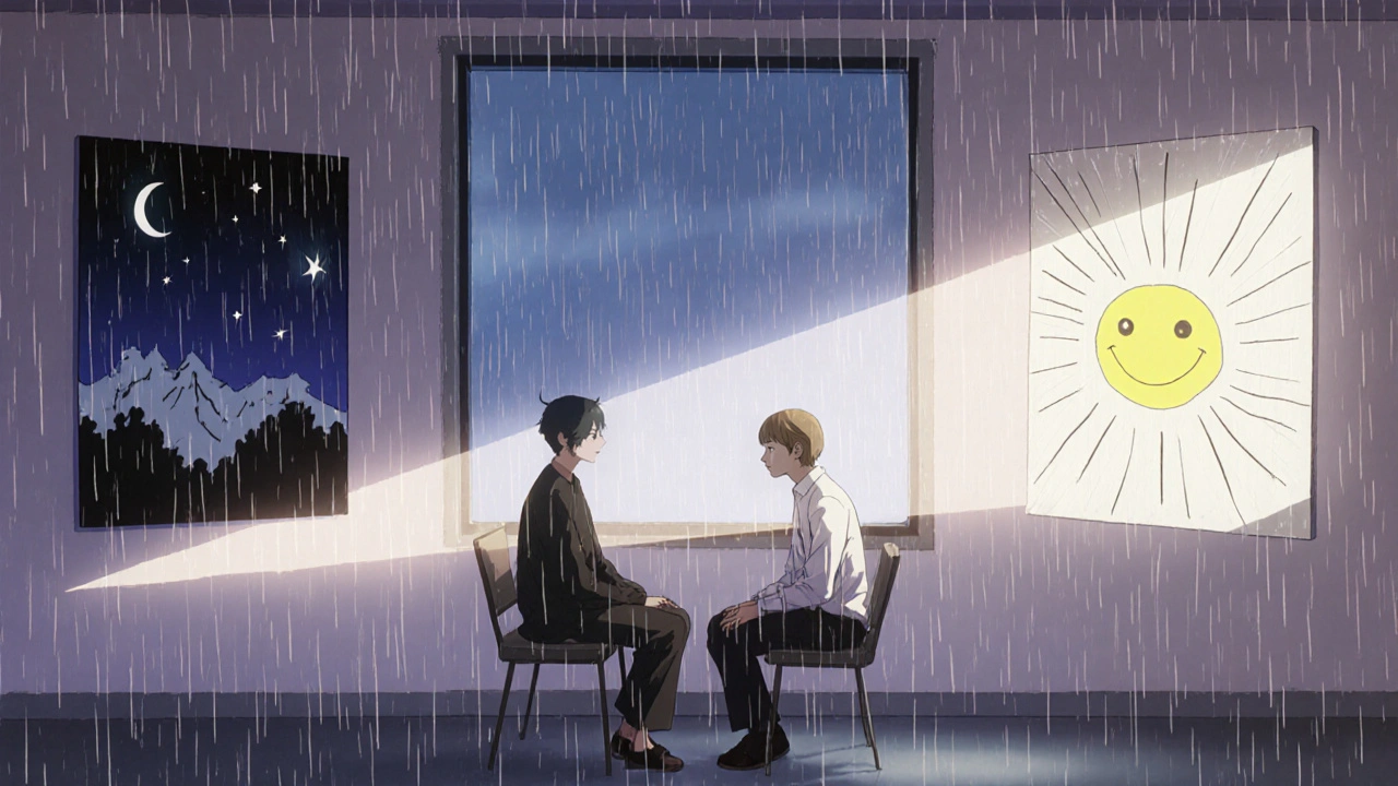 Therapist and client in a quiet room, with contrasting nightmare and rewritten dream panels floating on the walls.