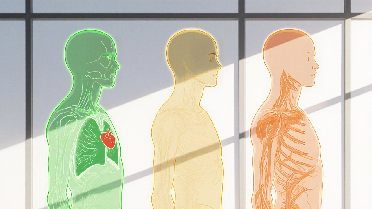 Three transparent figures representing different medications with colored auras, symbolizing health compatibility.