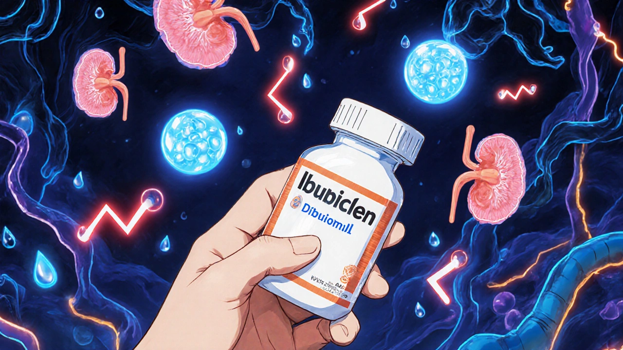 Trembling hand reaching for ibuprofen as lithium ions are trapped by medical symbols in a surreal kidney landscape.