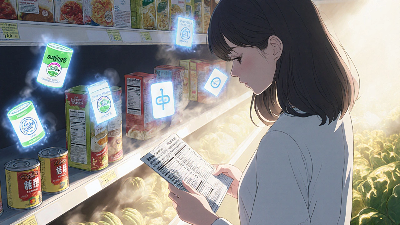 Woman reading nutrition labels in grocery store with processed foods fading away