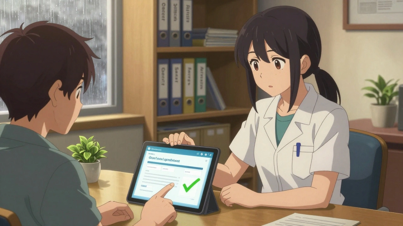 A case manager helping a patient view a grant approval on a tablet in a quiet, sunlit office.