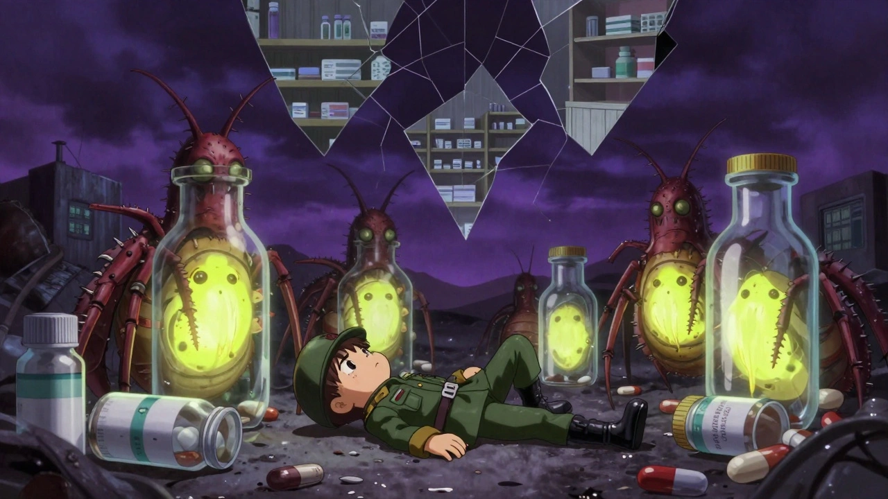 A child’s toy soldier lies broken amid towering superbugs made of pill bottles in a surreal dreamscape.