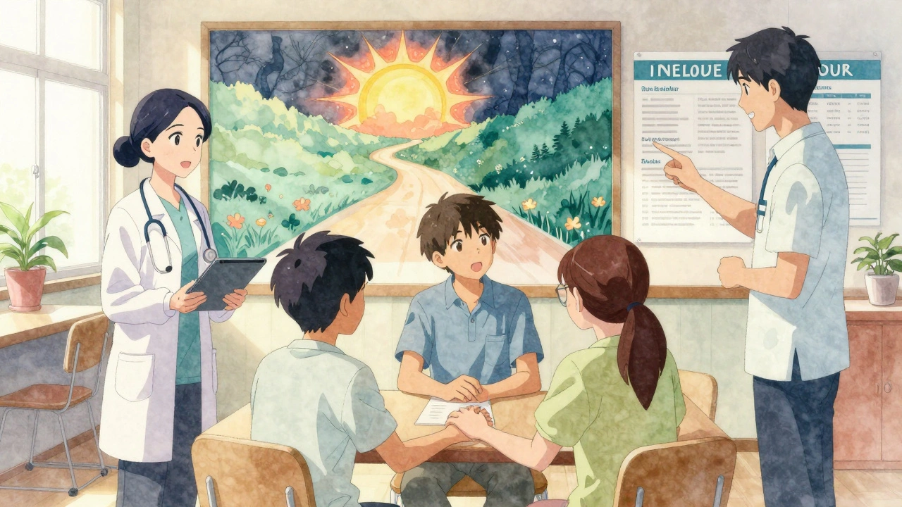 A diverse care team supporting a teenager and family in a sunlit community center.