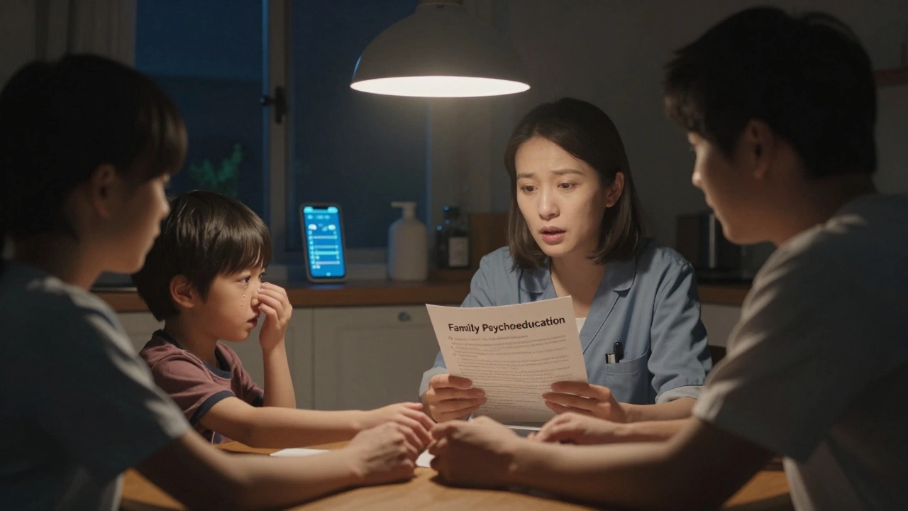 A family at the kitchen table during a psychoeducation session, connected by quiet emotion.