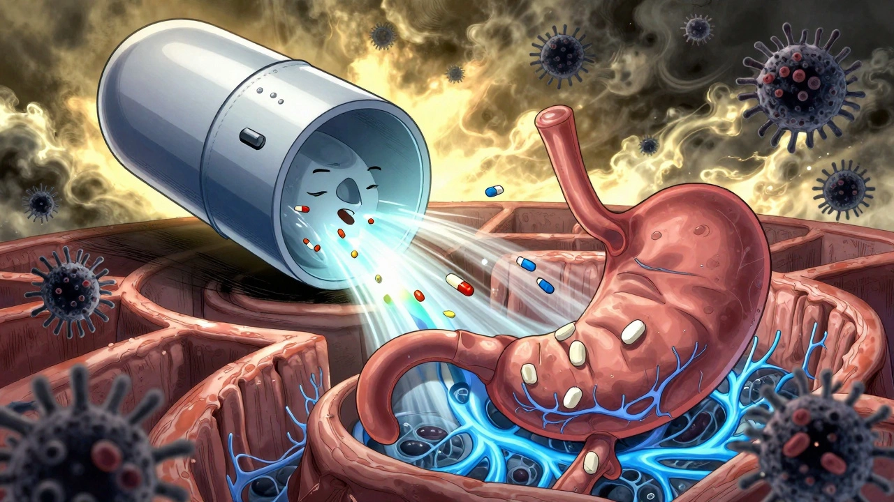 A giant pill portal releasing healing antibiotics that chase away dark H. pylori shadows through a stomach labyrinth.