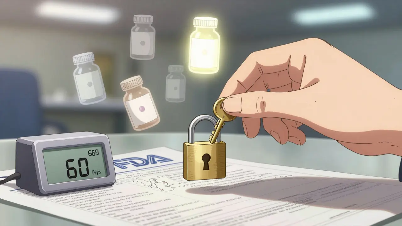 A hand inserts a golden key into a pill-shaped lock, surrounded by patents and a 60-day countdown timer.