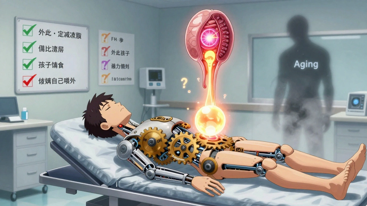 A man&#039;s body is reassembled with glowing hormone gears as lifestyle changes radiate as light orbs around him.