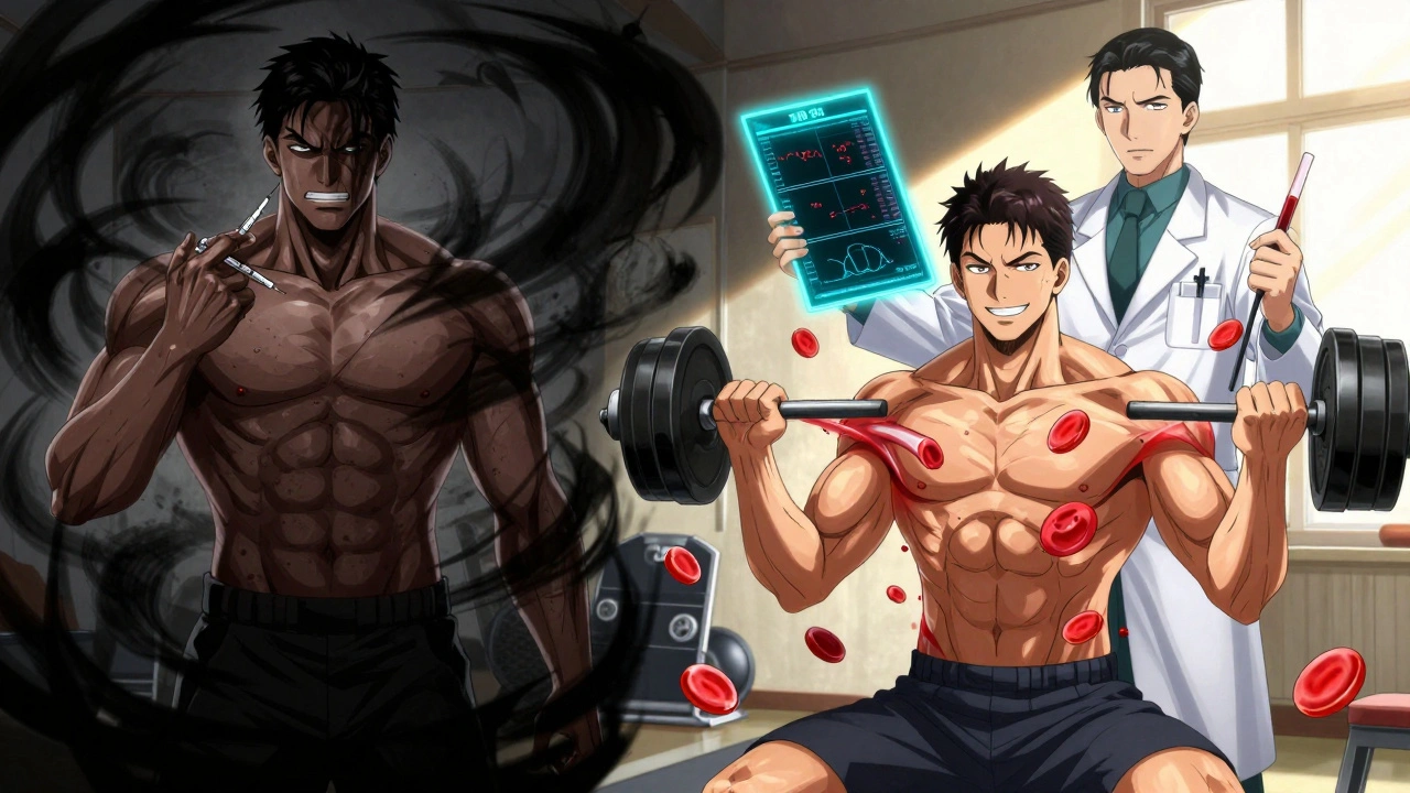 A man receives a testosterone injection on one side, lifts weights on the other, with glowing hormone molecules connecting both.