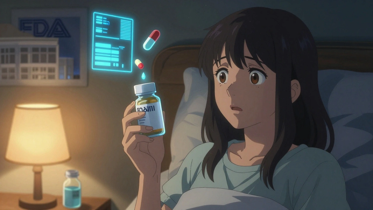 A patient holds a generic pill as ghostly symbols of quality issues float around them in a dim room.