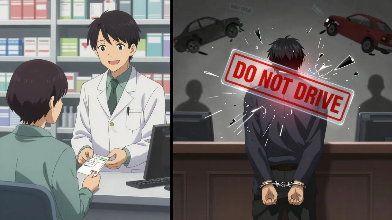 A patient receiving a prescription as a warning label shatters behind them in a courtroom scene.