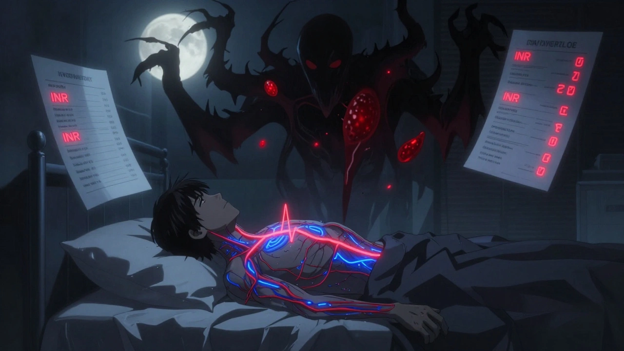 A person in bed with glowing blood pathways and shadowy clots looming above them.