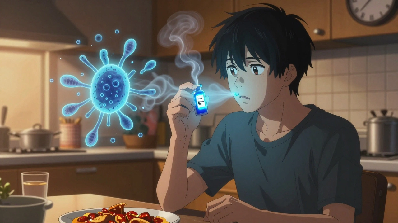 A person taking a urea breath test with bacteria-shaped steam and medical lighting.