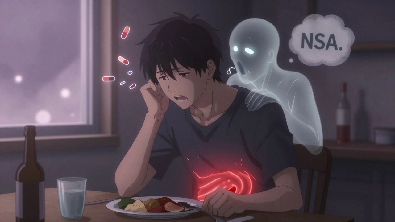 A person with a glowing inflamed stomach, haunted by a ghostly H. pylori figure amid symbols of triggers like alcohol and pills.