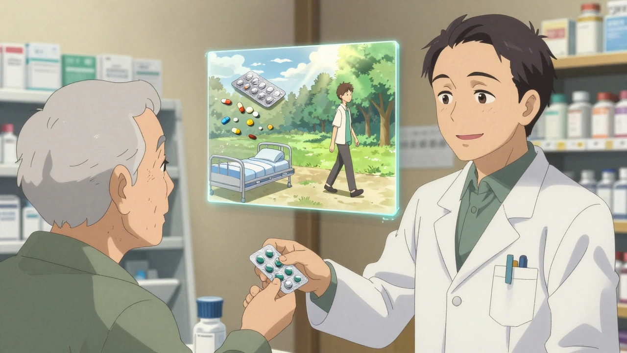 A pharmacist giving a pre-filled pill pack to an elderly patient in a warm pharmacy.