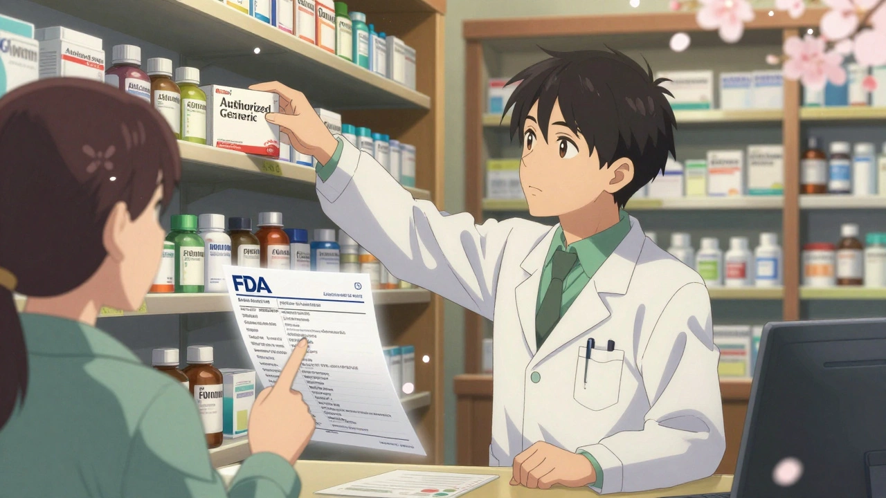 A pharmacist reaches for an authorized generic drug while a patient examines an FDA list.