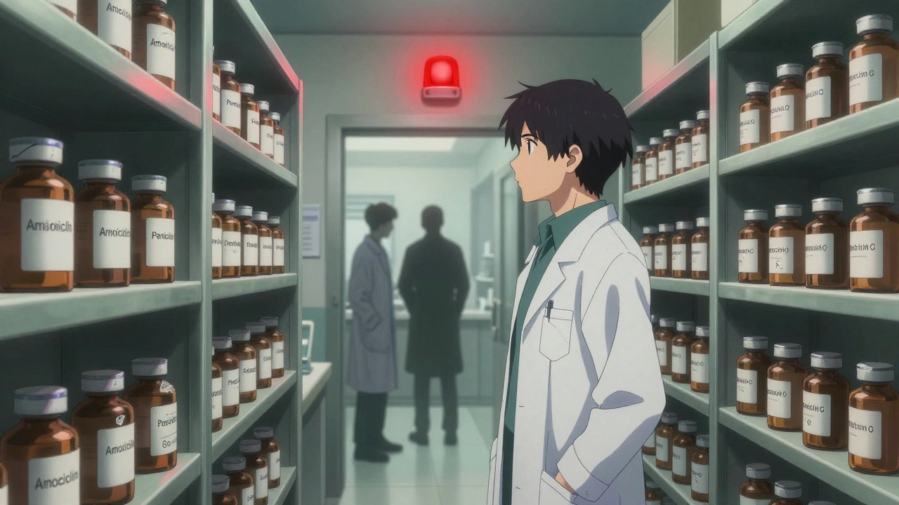 A pharmacist stands among empty antibiotic bins in a hospital storage room under a blinking red light.