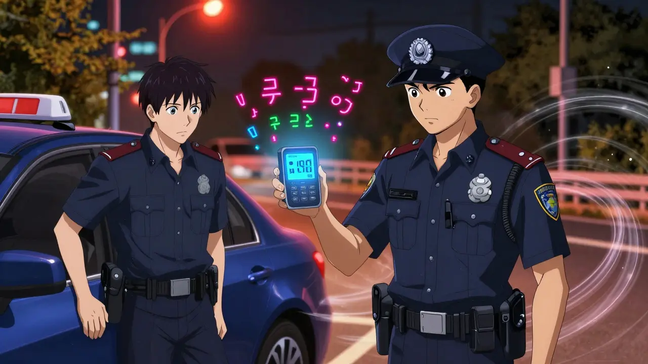 A police officer testing a driver for opioid impairment under neon lights with digital drug readouts.