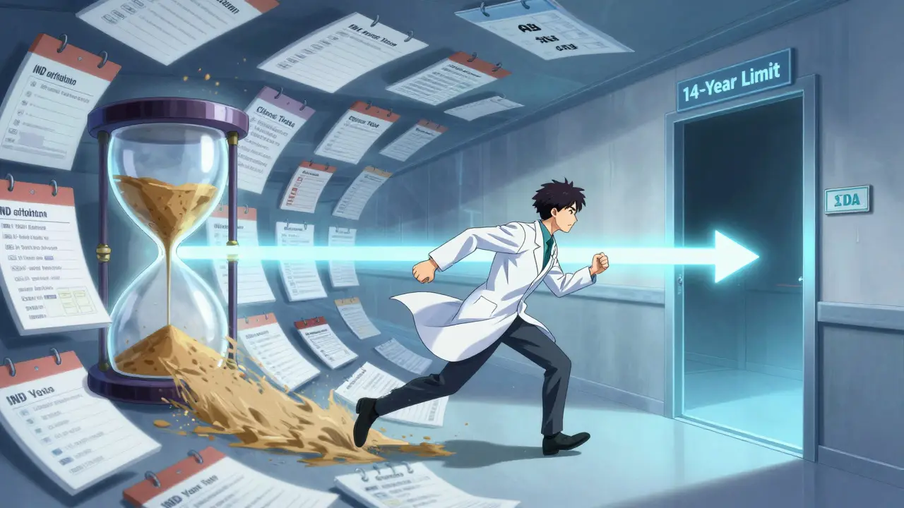 A scientist runs through a timeline of drug approval phases, with a 5-year cap and 14-year limit glowing ahead.