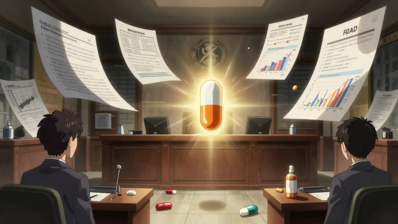 A suspended generic pill radiating light amid floating FDA inspection reports and brand comparisons.