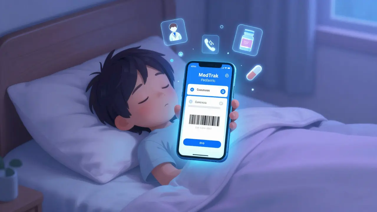 Child sleeping as glowing phone shows medication app with floating health icons