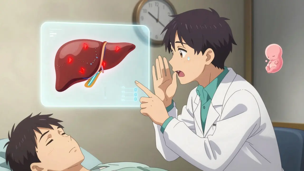 Clinician and patient in exam room with warning liver infographic and ticking clock.